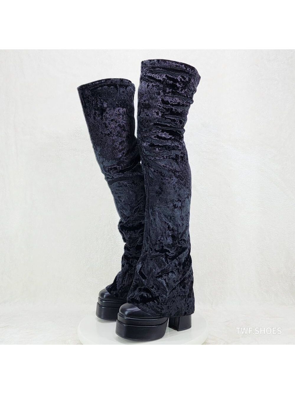 Unique Thigh High Black Velvet Fold over Skirted Chunky Heel Platform Boots - Picture 7 of 17
